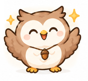 両手を広げてよろこぶフクロウのマスコット