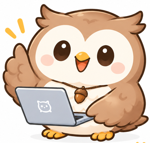 ノートパソコンを持ったフクロウのマスコット